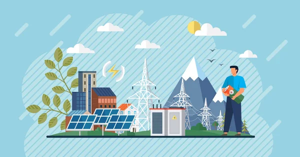 発電所 太陽電池 パネルと再生可能な代替生態技術 送電網用の太陽電池 環境に優しい電力産業 持続可能 再生可能 代替エネルギー — ストックベクタ