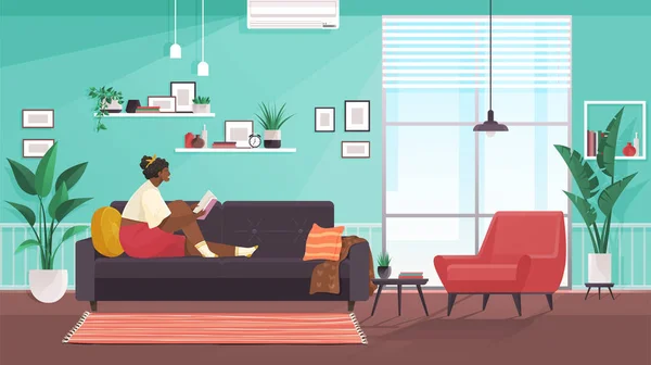 Wanita Membaca Buku Duduk Sofa Hobi Santai Istirahat Rumah Konsep - Stok Vektor