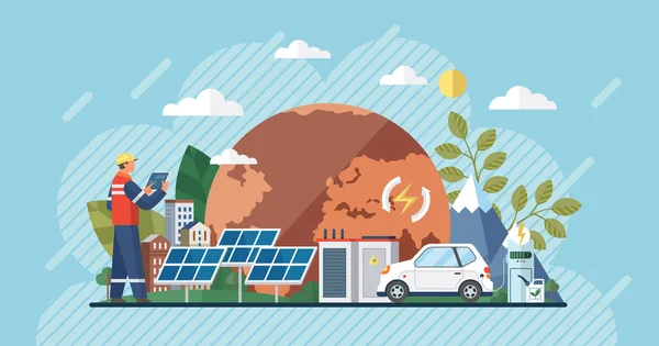 Güneş Paneli Güneşli Piller Elektrikli Araba Yenilenebilir Akıllı Güç Şebekesi — Stok Vektör