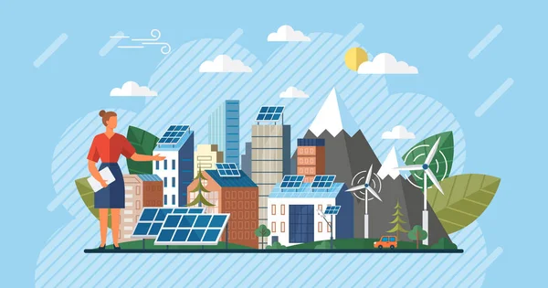 Energía Renovable Ecología Electricidad Verde Moderno Panel Eco Suny Los — Vector de stock