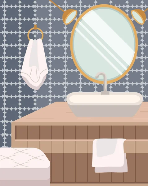 Moderno Lavello Tavolo Specchio Asciugamani Piatto Vettoriale Illustrazione Bathroom Interior — Vettoriale Stock