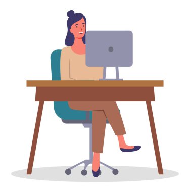 Masasında dizüstü bilgisayarı olan bir ofis kadını. İş kadını ya da ofis masasında düz çizim yapan bir tezgahtar. Gülümseyen kız yönetici ofis çalışanı girişimci bilgisayarda iş yapıyor