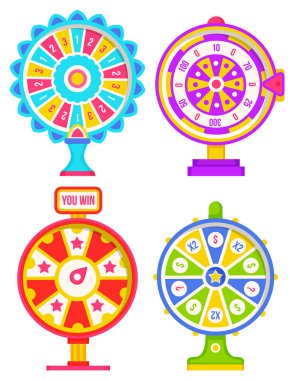 Kazanan numaraları ve çok renkli sektörleri olan, düz stil resimli servet avcıları. Şans tekerleği konsepti. Kumarhane ve kumar vektörü. Kumarhane serveti, tekerlek kazanma oyunu