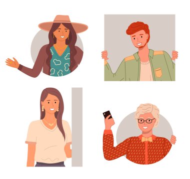 Bir grup mutlu meraklı insan duvarın arkasından gözetliyor ya da pencereden dışarı bakıyor. Kızıl saçlı genç bir adam, uzun kahverengi saçlı ve şapkalı bir kadın, gözlüklü ve elinde telefon olan bir kadın.