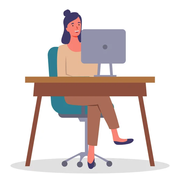 办公室女职员拿着笔记本电脑坐在办公桌前 女商人或在她的办公室桌上工作的店员的平面风格的插图 微笑的女经理办公室里的女企业家在电脑上工作 — 图库矢量图片