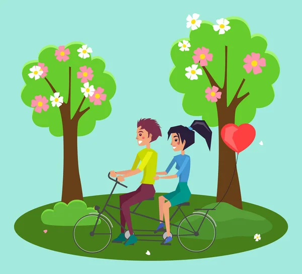 串联自行车骑手卡通人物 在森林景观中 女孩和男孩骑着双层自行车在路上 浪漫的乘坐在城市公园阳光明媚的夏季天气 城市户外的夫妇骑自行车 — 图库矢量图片