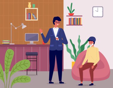 Şapkalı ve tıbbi maskeli bir çocuk yumuşak bir koltukta oturuyor. Ceketli ve gözlüklü bir adam erkek bir karakterle konuşuyor. Erkekler iş arasında iletişim kurarlar. Ofisteki arkadaşlar arasında olumlu diyalog