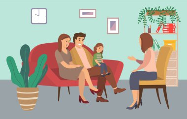 Ebeveynler, çocuk ve kadın psikolog ya da psikoterapist arasındaki konuşma. Aile psikoterapisi, duygusal sorunları olan çocuklar için psikoterapi. Düz çizgi film vektör çizimi