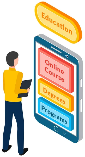 Çevrimiçi Eğitim Kavramı Adam Eğitim Başvurusunda Akıllı Telefondan Ders Düğmelerini — Stok Vektör