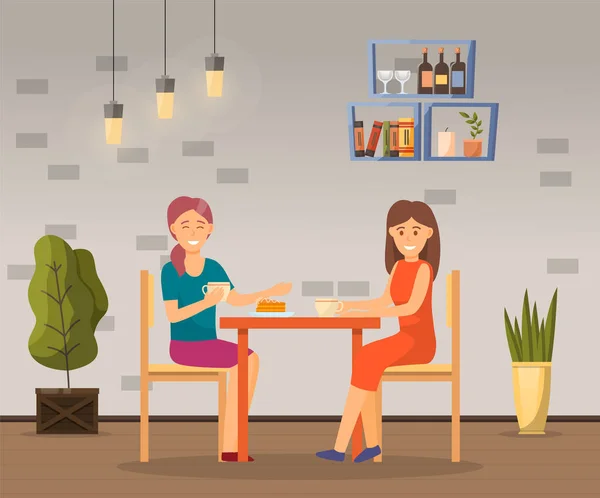 Дві Дівчини Сидячи Кафе Розмовляючи Друзі Проводять Дозвілля Разом Чашкою — стоковий вектор