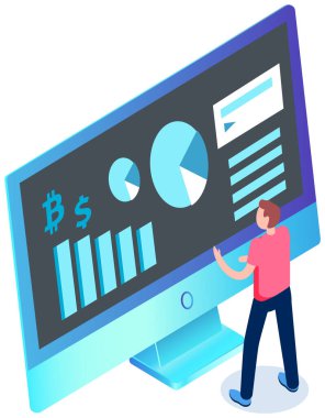Ekrandaki bilgi analizi uzmanı. Kripto para birimi büyüme hızına sahip bilgisayar monitörü. Erkek karakter kontrolü. Diyagramda veri analizi. İstatistiksel grafikte gösterilen iş göstergeleri