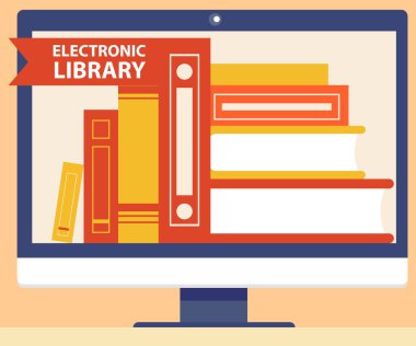 Dijital elektronik kütüphane, ekran ekranında kitap yığını olan online kitapçı konsepti. E-kitap modern teknilojiler, bilgi ve uzak eğitim. Okuma ve okuma için uzaktan uygulama