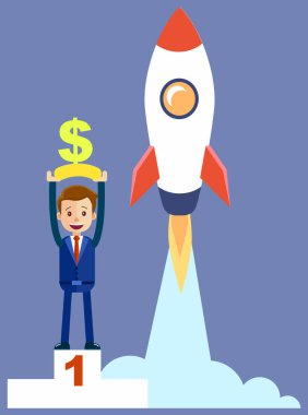 İşadamlarıyla yeni bir başlangıç kazanan, elinde dolarla podyumda ayakta duruyor. Dijital para piyasası ve roketin yanında insan lider uçmaya hazır. İş projesi ilerlemesi ve başarı