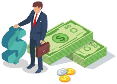 Zengin bir iş adamı evrak çantasını tutar, banknotların arasında durur. Finansal başarı kavramı. Takım elbiseli bir adam ve bir yığın parayla vektör düz çizgi film çizimi.