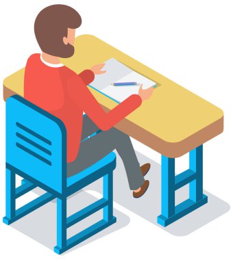 Ofis çalışanı masa arkasında oturuyor. Sınıf öğrencisi masada oturuyor ve not defterine yazıyor. Üniversite veya okulda sınavlara hazırlanan gençler. Öğrenim gören kişi eğitim alır