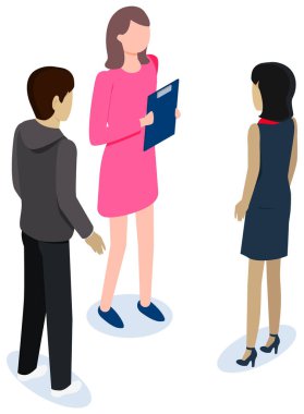 Mali verileri analiz eden insanlar. Meslektaşlar iş toplantılarında vektör illüstrasyonunda tartışırlar. Karakterler beyaz arka planda izole bir şekilde iletişim kurar. Toplantıdaki çalışanlar şirket meselelerini tartışıyorlar