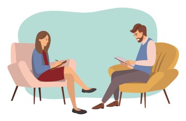 Psikoterapi danışmanlık konsepti. Psikolog kadın ve genç adam terapi seansında. Stres tedavisi, bağımlılıklar ve zihinsel sorunlar. İnsanlar sandalyeye oturur ve defterlere yazarlar.