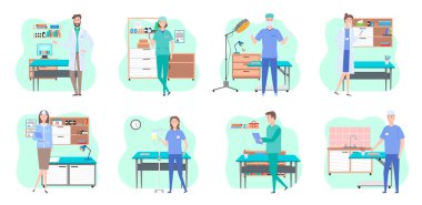 Erkek ve Wooman doktorları tıbbi ofis setindeki iş yerlerinde. Sağlık koruma konsepti. Erkek ve kadın karakterler, hastanede doktor ve hemşire, hastayı kabul etmeye hazır.