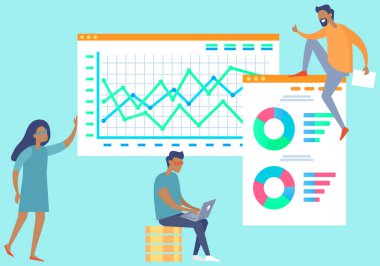 İş yerindeki iş adamları beyin fırtınası yapıyor, istatistiksel göstergeleri analiz ediyor, kontrol raporu hazırlıyor, satış stratejisi ve finansal büyüme geliştiriyor. İş planlama şablonu. Veri analizi vektör illüstrasyonu