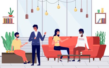 Erkekler kanepede oturup sohbet ediyorlar. Çizgi film karakterleri oturma odasının içinde konuşuyorlar. Sıcak bir atmosferde arkadaşlarla tanışmak. Kız koruyucu maskeli bir adamla iletişim kuruyor.