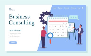 İniş sayfası danışmanlık sitesi. Büyüteci olan kocaman bir takvim. 25 numara. Büyük konsept dişli. Adam analitik verilerin yanında duruyor. Planlama, danışmanlık. Düz vektör illüstrasyonu