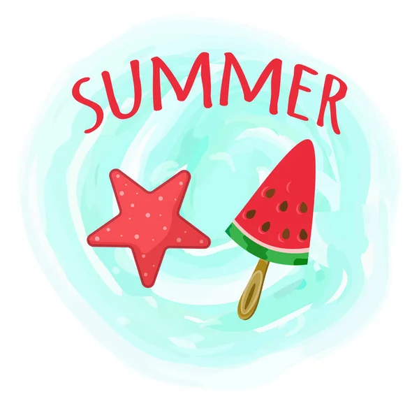 Hello Summer Card Handdrawn Red Lettering Blue Wooden Background Armelon — стоковый вектор