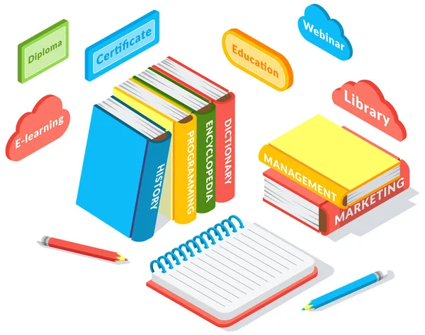 Çevrimiçi Eğitim Ikonları Düğmeleri Kitap Yığınları Defteri Kalem Elektronik Kütüphanesi — Stok Vektör