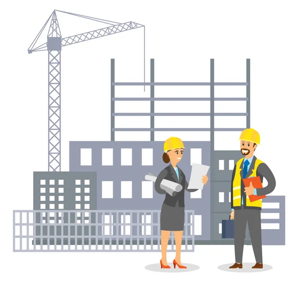 Woman Uniform Engineer Helmet Talking Man Foreman Building Construction Background — Stock Vector