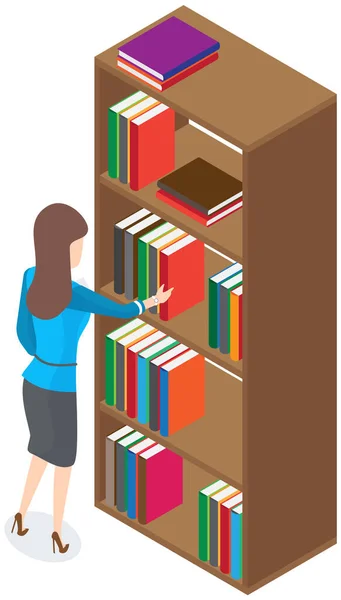 Όμορφη Μελαχρινή Βιβλιοθηκάριος Γυναίκα Στη Βιβλιοθήκη Επιλέγει Βιβλία Στα Ράφια — Διανυσματικό Αρχείο