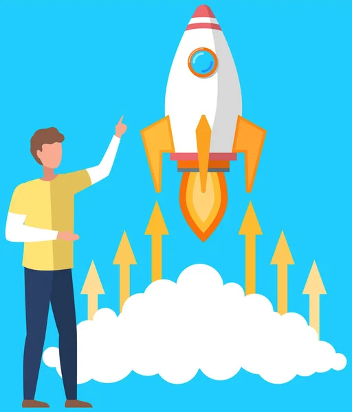 Man Launches Aircraft Space Rocket Takes Leaves Cloud Guy Indicating — Stock Vector