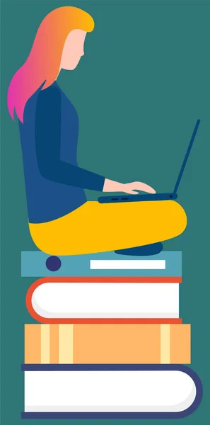 Een Meisje Een Stapel Boeken Met Een Laptop Haar Handen — Stockvector