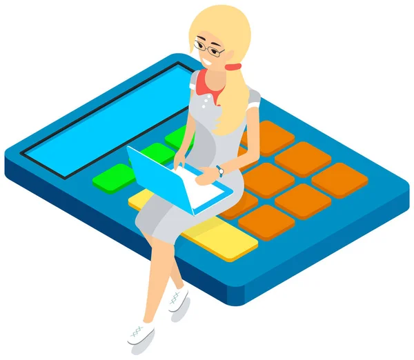 网上购物 节约预算的概念 坐在计算器上的带着笔记本电脑的年轻女人在网上购物 女商人通过在计算机上的计算应用来计算经济效益 — 图库矢量图片