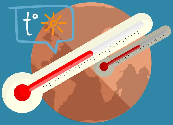 地球温暖化ポスター 乾燥し 汗をかき 赤い惑星の地球 温度計は地球上の空気と水の温度を測定します ベクトル図の中に赤い液体と加熱温度計 — ストックベクタ