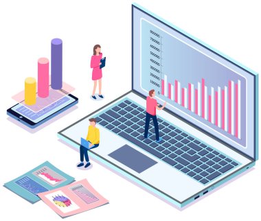 Finansal analiz ekibi. Profesyonel iş adamları iş büyümesini istatistiksel gösterge paneliyle analiz ediyorlar. Pazarlama araştırma konsepti izometrik tasarım. Yanında duran kişinin başarı diyagramı var.