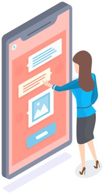 Sohbet robotu konuşma interneti. Yapay zeka mobil izole uygulama. Kız telefon ekranında kurye kullanıyor. İnternet konsepti ile çevrimiçi iletişim. Kadın ekrana mesaj yazmak için tıklıyor ve fotoğraf gönderiyor
