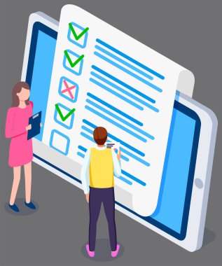 İnsanlar anket çalışıyor. Erkek ve kadın karakterler muayeneyi kontrol ediyor. Çevrimiçi test konsepti. Adam istatistiksel grafiğin çıktısıyla ayakta duruyor. Elinde pano olan kadın vektör çizimi