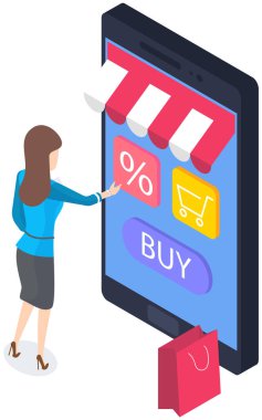 İnternetten alışveriş konsepti. Telefonunun yanında alışveriş çantasıyla duran iş kadını ürünleri seçiyor. Kız dokunmatik ekrandan ürünler seçer, uygulamalı online mağaza web sitesindeki düğmelere tıklar