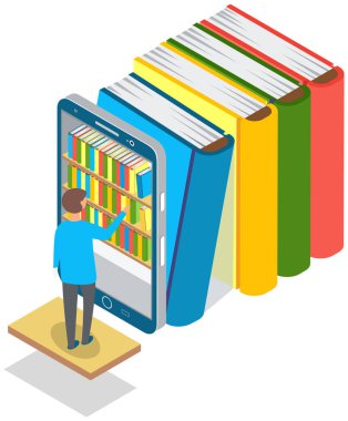Dijital çevrimiçi kütüphaneden ya da akıllı telefondan uygulamalı kitapçıdan kitap seçer. Telefondaki modern teknoloji uygulaması ile uzaktan eğitim. Sanal kitaplıklar ve kitap yığınlarıyla ekran