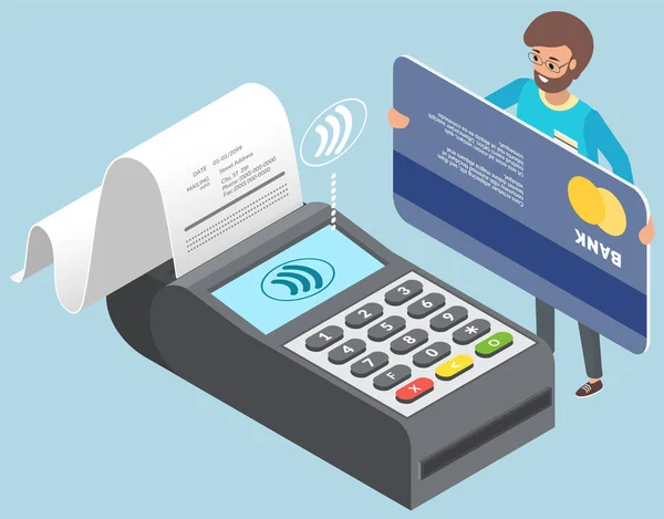 Terminal Pos Confirma Pagamento Por Cartão Crédito Débito Com Personagem — Vetor de Stock