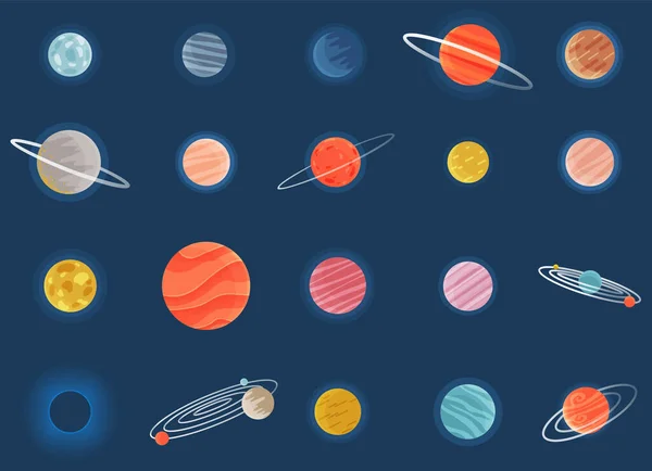 暗い青色の宇宙背景に漫画の幻想的な惑星のセット 軌道の異なる色の宇宙物体のコレクション スペースゲーム要素フラットベクトルオブジェクト光リングとラウンド形状 — ストックベクタ