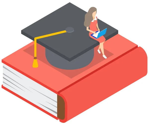 Jovem Sentada Com Laptop Chapéu Estudante Graduação Livro Vermelho Grande —  Vetores de Stock