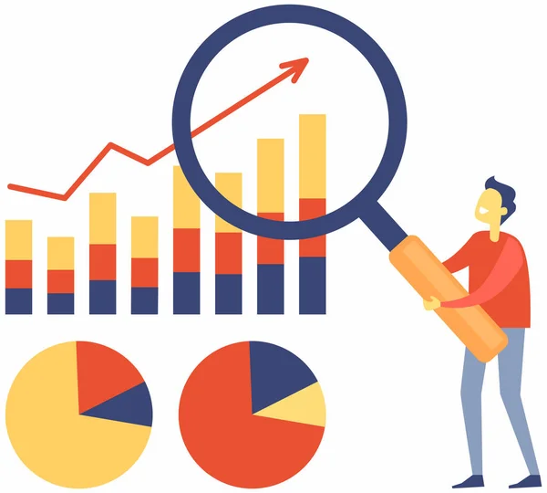 拡大鏡を持つ男は グラフやチャートでプレゼンテーション上のインデックスを分析し 活動の成長の指標を検討します プロジェクト管理と財務報告戦略 事業分析計画 — ストックベクタ