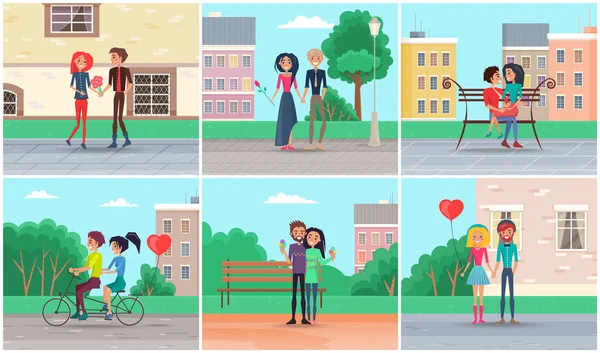 Eine Reihe Von Illustrationen Zum Thema Dating Park Menschen Beziehungen — Stockvektor