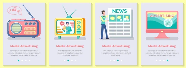 关于媒体广告载体图解的一组图解 为产品做广告的各种方法 收音机 电视和互联网上的新闻 有在线营销的登陆页面 — 图库矢量图片