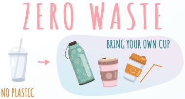 Sıfır atık. Çevreyi korumak, doğal organik sürdürülebilir materyalleri seçmek. Tek kullanımlık konteynır yerine kendi bardağını getir. Çevre dostu yeniden kullanılabilir bardakların kullanılması teması üzerine pankart