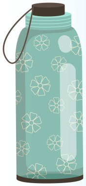 Kapaklı ve vektör illüstrasyonlu vakum termometresi. Beyaz arka planda izole edilmiş dayanıklı ve yeniden kullanılabilir su şişesi. Tasarım elementleriyle birlikte çevre dostu mühürlü termos. Sıfır atık