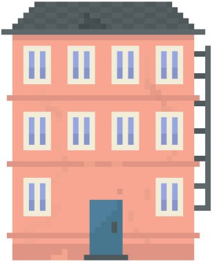 Beyaz ev izole edilmiş. Piksel oyun tasarımı için birçok penceresi olan pikselli apartman. Panorama mimarisi. 8-bit. Mobil uygulama düzeni, bilgisayar oyunu. Eski mimari karikatür binası