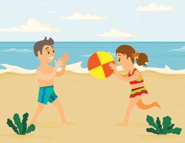 Çocuklar kumsalda birbirlerine top atıyorlar. Erkek ve kız okyanusta voleybol oynuyorlar. Yazın spor yapan çizgi film karakterleri. Çocuklar deniz kenarındaki kumsalda eğleniyorlar.