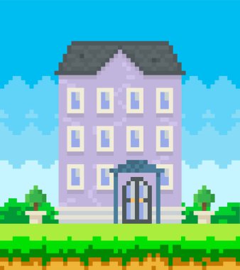 Yeşil alanlar ve bitkilerle çevrili bir ev. Piksel oyunu için birçok penceresi olan apartman binası. Panorama mimarisi. Mobil uygulama düzeni, bilgisayar pikselli oyun. Eski mimari yapı