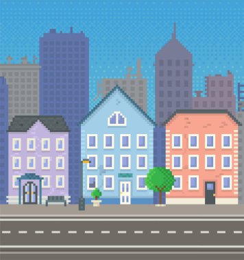 Boş şehir vektör çizimi. Şehir merkezindeki gökdelen siluetleriyle. Mobil uygulama, bilgisayar oyunu için tasarım. Gökyüzünün arka planında alçak katlı apartmanlar. Modern kasaba mimarisi